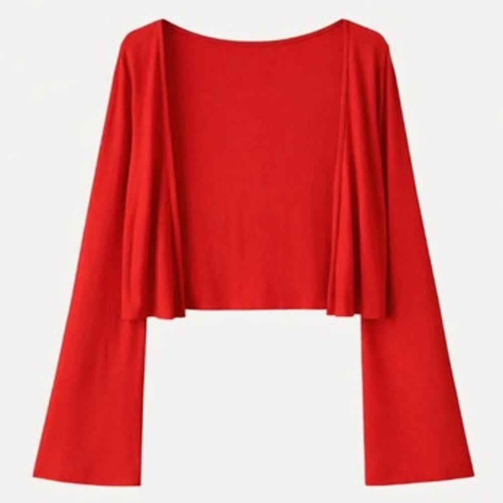 NWT OGL Soft Bell Sleeve Cropped Cardigan Wool Blend Ribbed Red Women's Size M